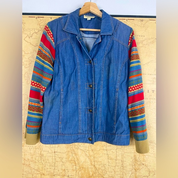 NORM THOMPSON WOMEN DENIM JACKET With Sweater Sleeves SUPER CUTE SIZE M - Picture 1 of 9